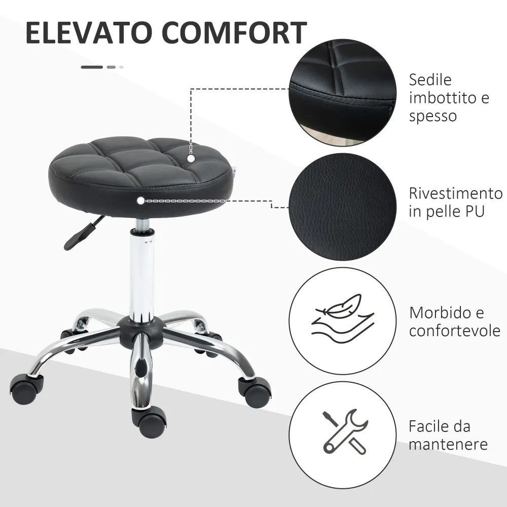 EasyComfort Sgabello Girevole Rotondo con Ruote, Altezza Regolabile e Rivestimento Finta Pelle, Nero