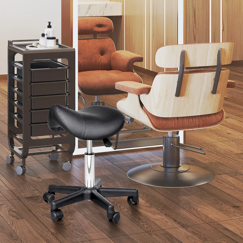 EasyComfort Sgabello Girevole Sella con Ruote e Altezza Regolabile, Imbottito e Rivestito Finta Pelle, Nero