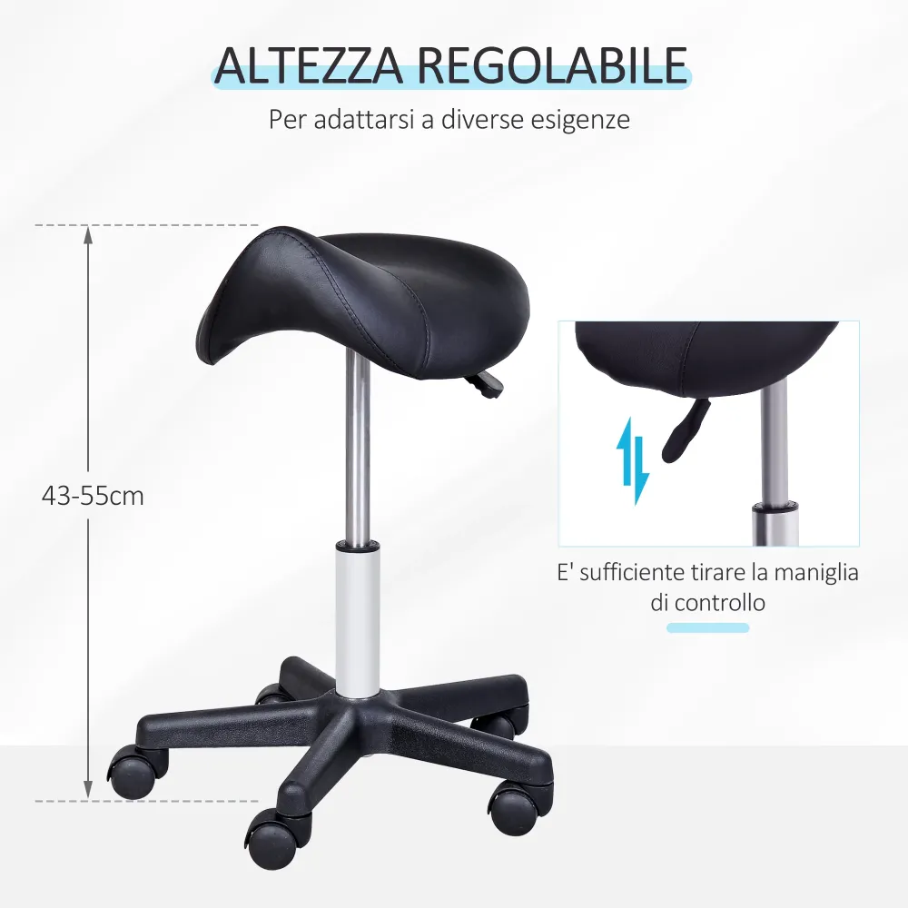 EasyComfort Sgabello Girevole Sella con Ruote e Altezza Regolabile, Imbottito e Rivestito Finta Pelle, Nero