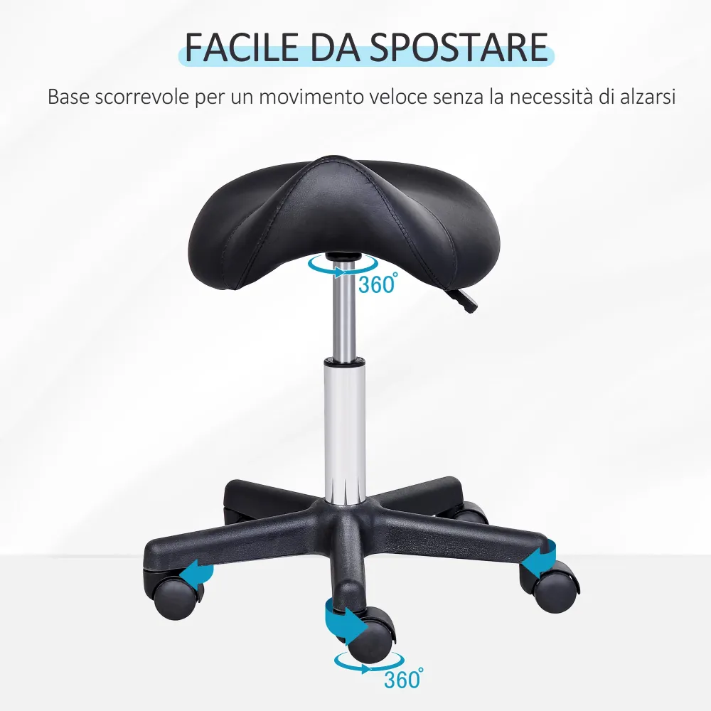 EasyComfort Sgabello Girevole Sella con Ruote e Altezza Regolabile, Imbottito e Rivestito Finta Pelle, Nero