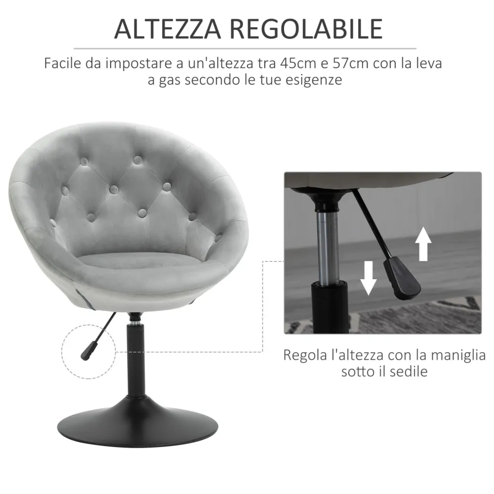EASYCOMFORT Sgabello Imbottito con Altezza Regolabile e Rivestimento Velluto Grigio