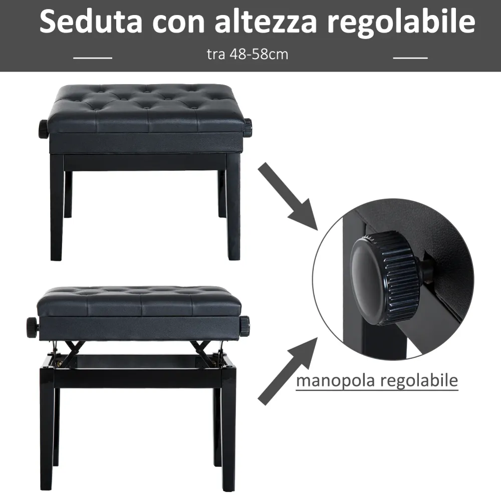 Easycomfort Sgabello per Pianoforte con Vano Contenitore e Altezza Regolabile, Nero