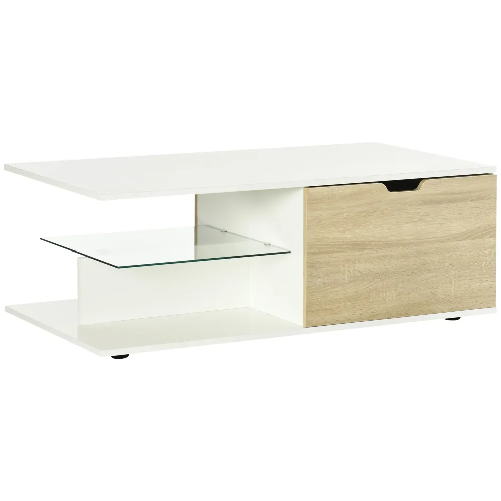 Easycomfort Tavolino Basso da Caffè Truciolato con Cassetti e Ripiano Vetro per Soggiorno e Ingresso, 106x58x39 cm, Bianco