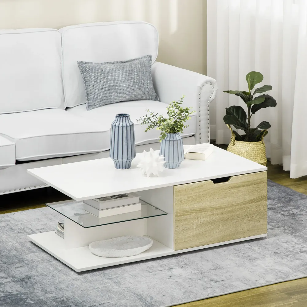 Easycomfort Tavolino Basso da Caffè Truciolato con Cassetti e Ripiano Vetro per Soggiorno e Ingresso, 106x58x39 cm, Bianco