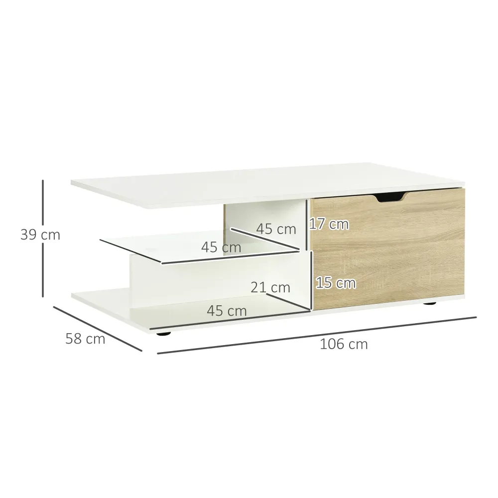 Easycomfort Tavolino Basso da Caffè Truciolato con Cassetti e Ripiano Vetro per Soggiorno e Ingresso, 106x58x39 cm, Bianco