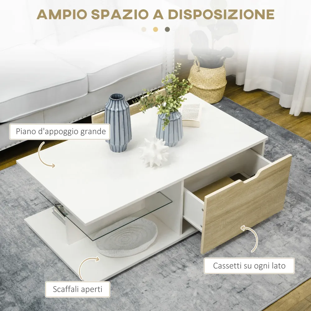 Easycomfort Tavolino Basso da Caffè Truciolato con Cassetti e Ripiano Vetro per Soggiorno e Ingresso, 106x58x39 cm, Bianco