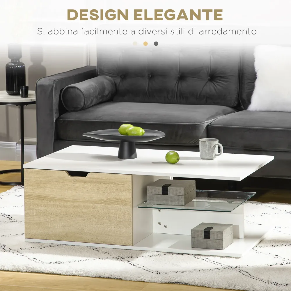 Easycomfort Tavolino Basso da Caffè Truciolato con Cassetti e Ripiano Vetro per Soggiorno e Ingresso, 106x58x39 cm, Bianco
