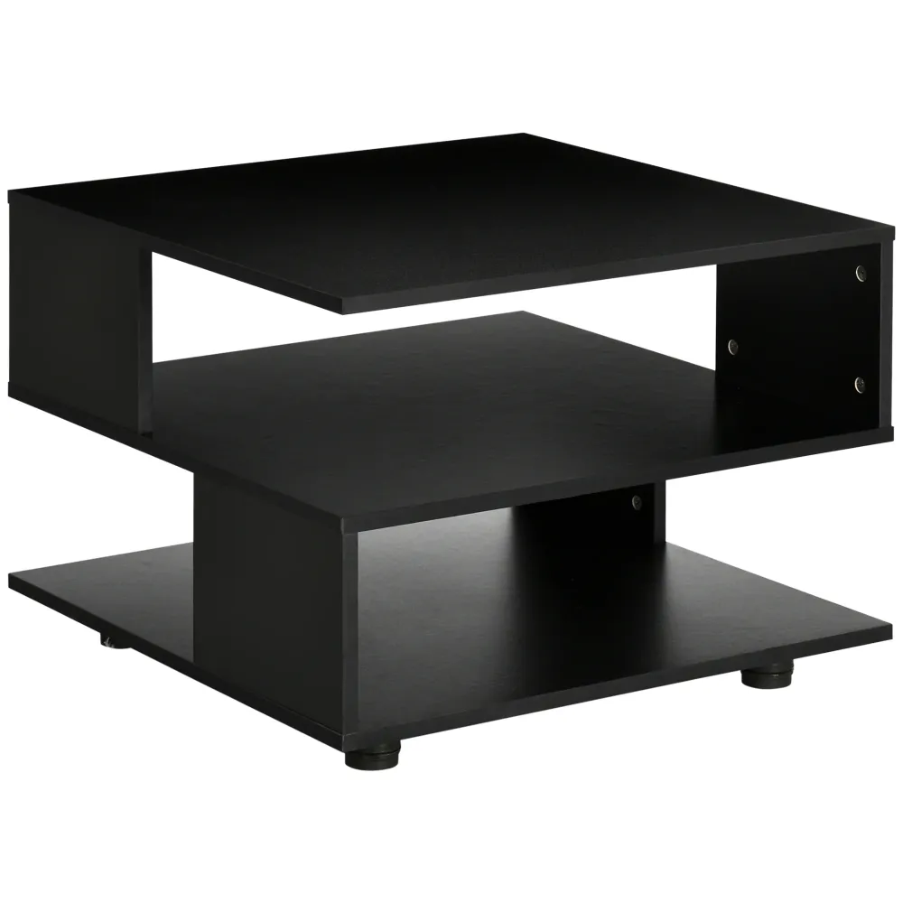 Easycomfort Tavolino da Caffè Asimmetrico Legno con Ripiani e Piedini Regolabili, 60x60x45cm, Nero