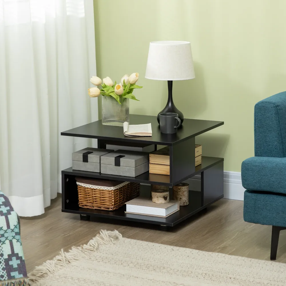 Easycomfort Tavolino da Caffè Asimmetrico Legno con Ripiani e Piedini Regolabili, 60x60x45cm, Nero