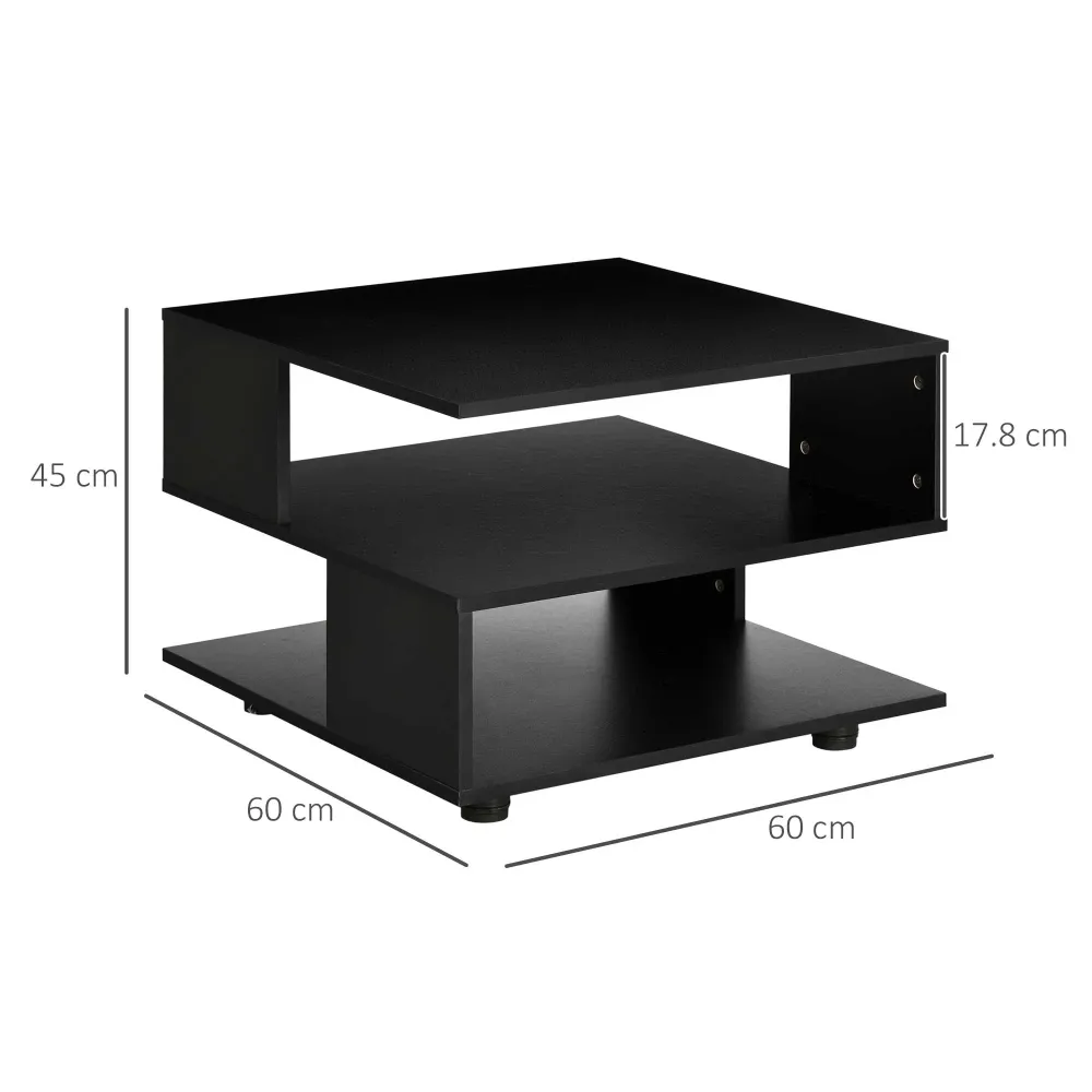 Easycomfort Tavolino da Caffè Asimmetrico Legno con Ripiani e Piedini Regolabili, 60x60x45cm, Nero
