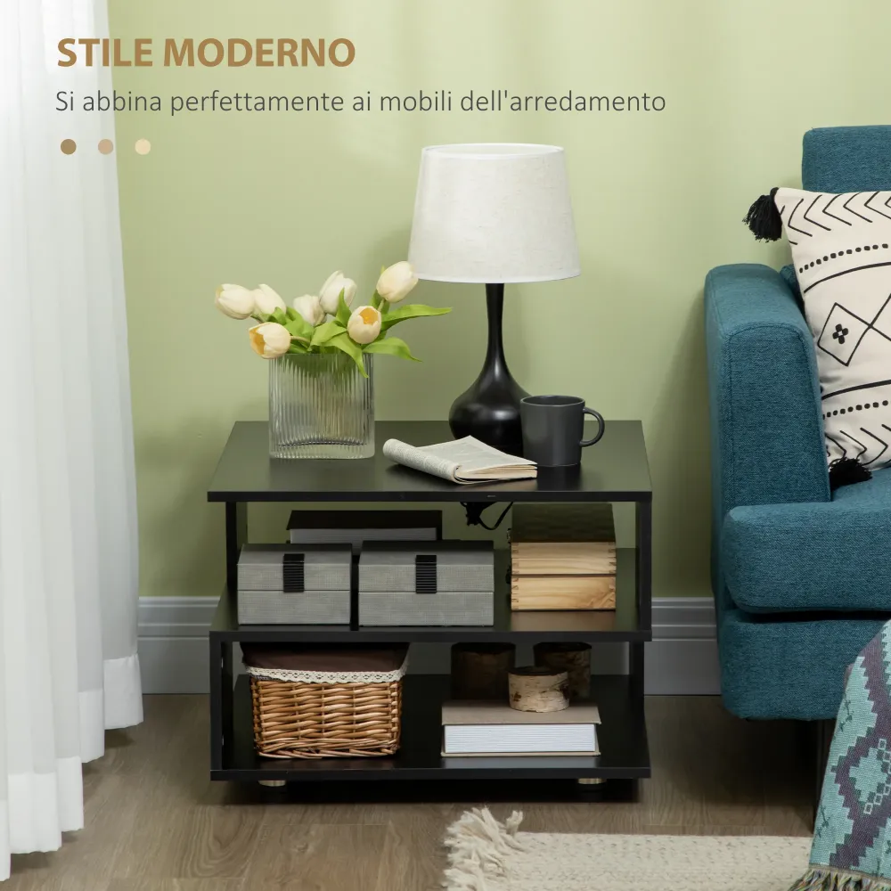Easycomfort Tavolino da Caffè Asimmetrico Legno con Ripiani e Piedini Regolabili, 60x60x45cm, Nero