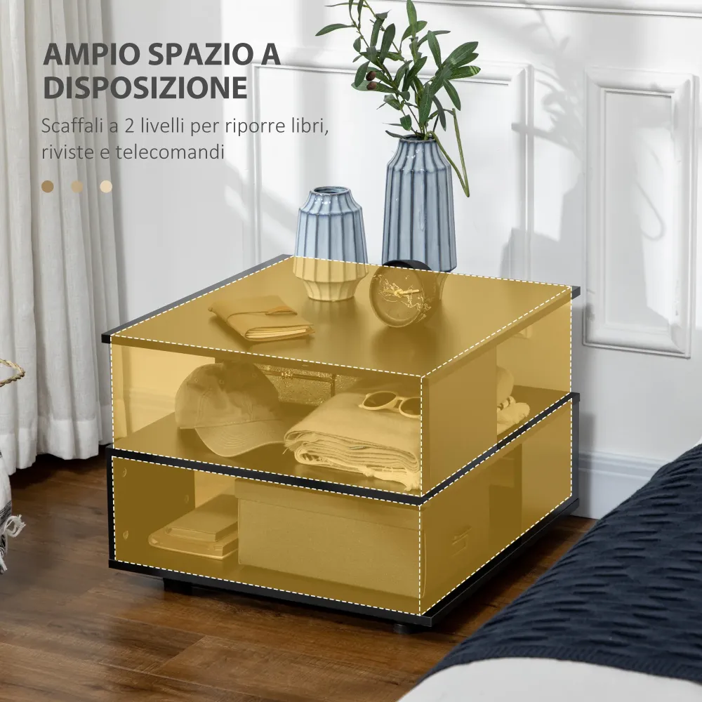 Easycomfort Tavolino da Caffè Asimmetrico Legno con Ripiani e Piedini Regolabili, 60x60x45cm, Nero