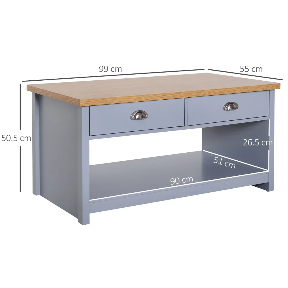 Easycomfort Tavolino da Caffè con Maniglie, 2 Cassetti e 1 Ripiano Aperto MDF, 99x55x50.5cm