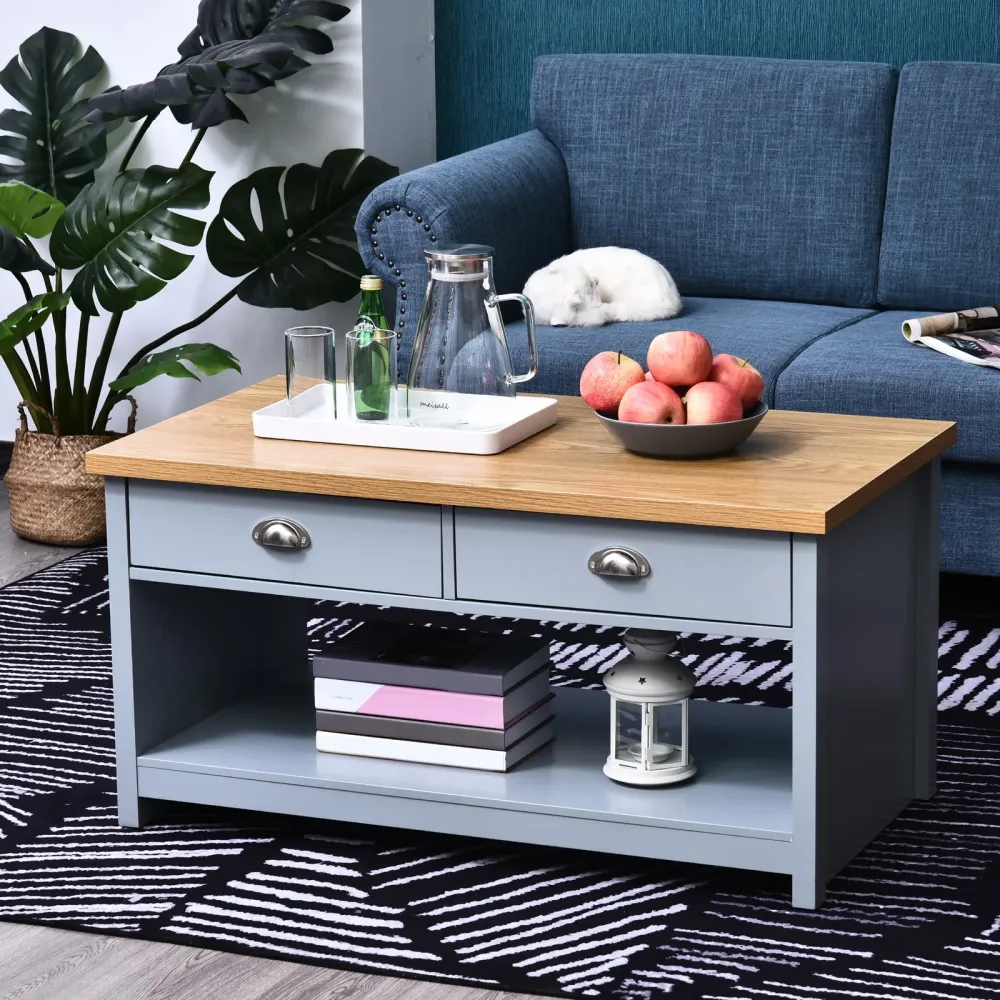 Easycomfort Tavolino da Caffè con Maniglie, 2 Cassetti e 1 Ripiano Aperto MDF, 99x55x50.5cm