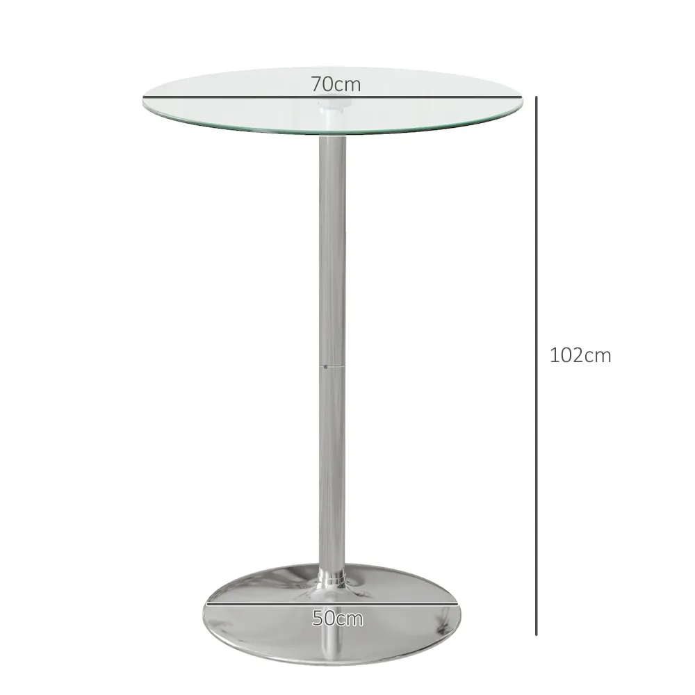 EasyComfort Tavolo Alto da Bar Moderno Rotondo con Base Acciaio e Piano Vetro, Ø70x102cm, Trasparente