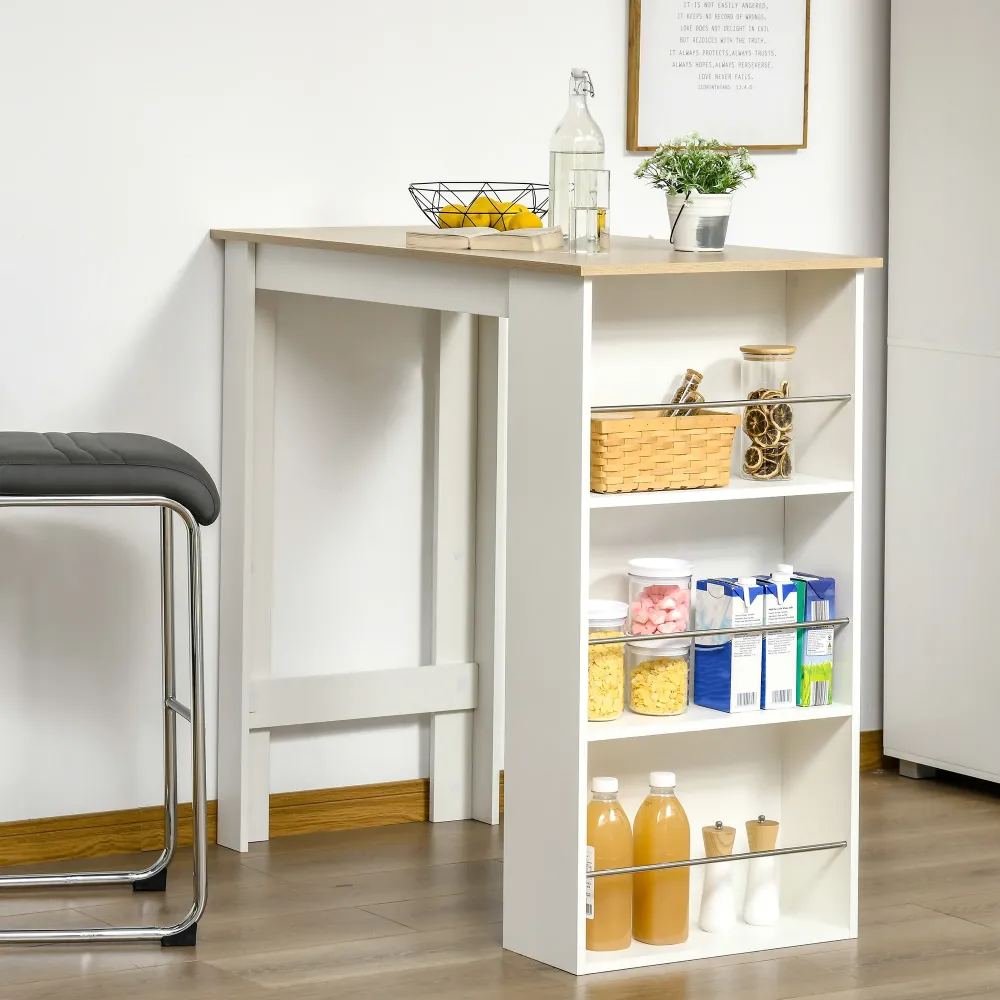 EasyComfort Tavolo da Bar con 3 Mensole e Barre Protettive, Acciaio e Truciolato, 112x57x106 cm, Bianco