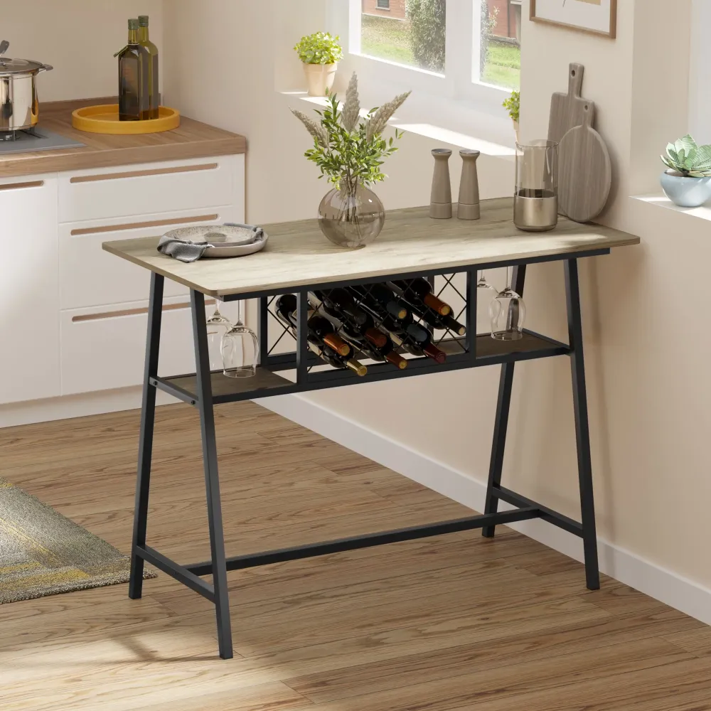 Easycomfort Tavolo da Bar Industriale da 10 Bottiglie Truciolato e Acciaio, 120x60x91 cm, Nero e Color Legno