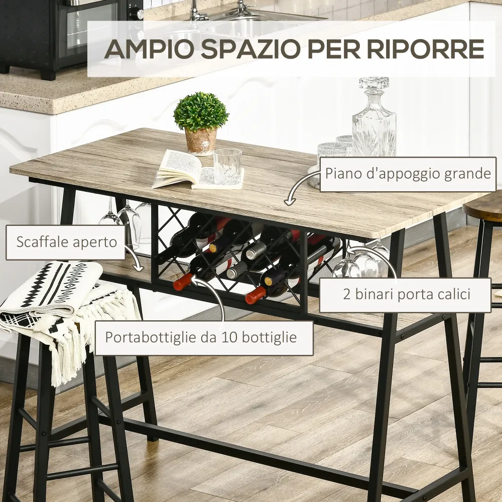 Easycomfort Tavolo da Bar Industriale da 10 Bottiglie Truciolato e Acciaio, 120x60x91 cm, Nero e Color Legno