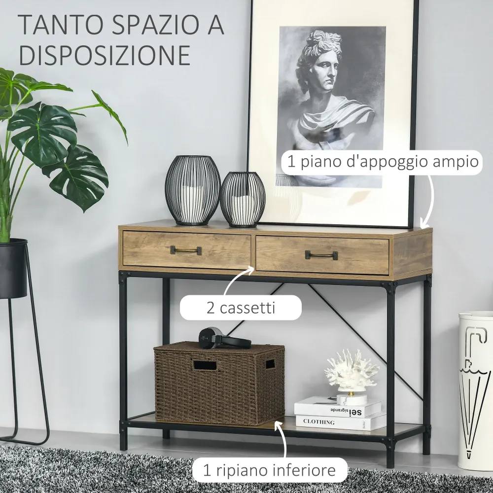 Easycomfort Tavolo Consolle Stile Vintage Metallo e Legno con 2 Cassetti e Mensola, 100x35x76.5cm, Marrone