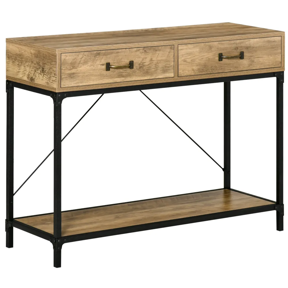 Easycomfort Tavolo Consolle Stile Vintage Metallo e Legno con 2 Cassetti e Mensola, 100x35x76.5cm, Marrone