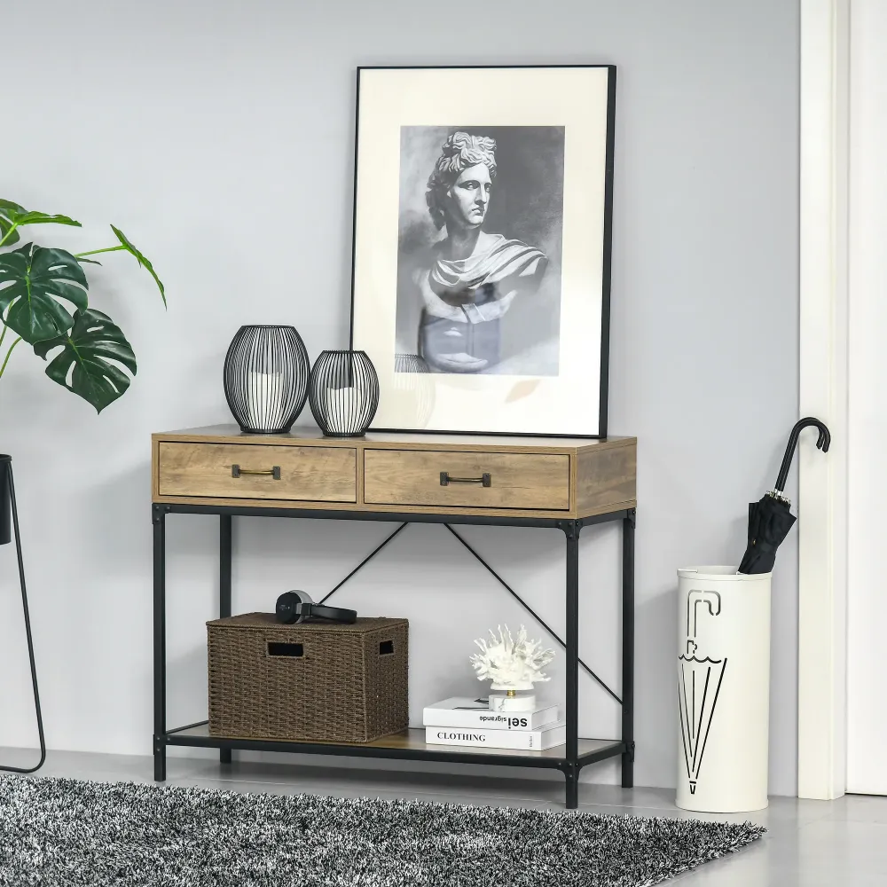 Easycomfort Tavolo Consolle Stile Vintage Metallo e Legno con 2 Cassetti e Mensola, 100x35x76.5cm, Marrone