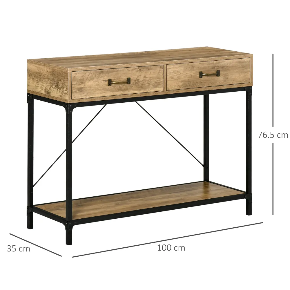 Easycomfort Tavolo Consolle Stile Vintage Metallo e Legno con 2 Cassetti e Mensola, 100x35x76.5cm, Marrone