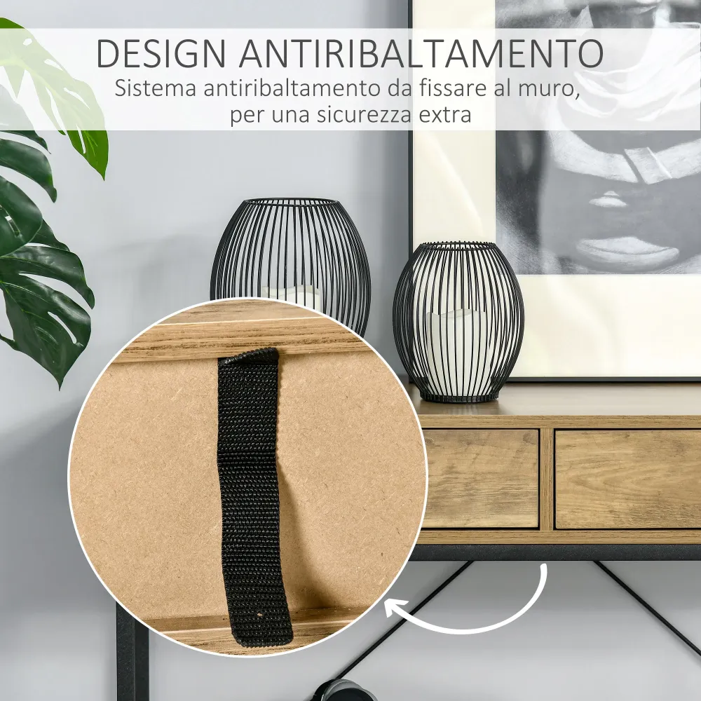 Easycomfort Tavolo Consolle Stile Vintage Metallo e Legno con 2 Cassetti e Mensola, 100x35x76.5cm, Marrone