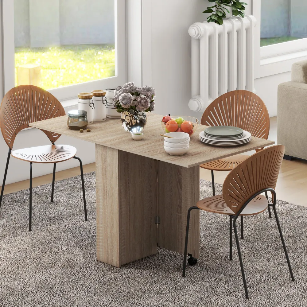 EasyComfort Tavolo Pieghevole con 2 Ribalte per 6 Persone con Ripiani e Rotelle Integrate, Legno Naturale