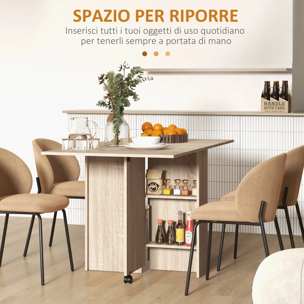 EasyComfort Tavolo Pieghevole con 2 Ribalte per 6 Persone con Ripiani e Rotelle Integrate, Legno Naturale