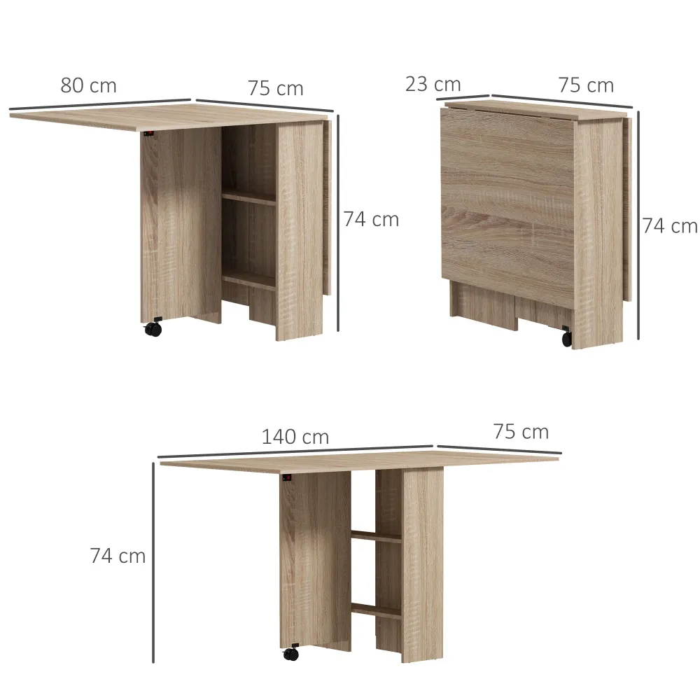 EasyComfort Tavolo Pieghevole con 2 Ribalte per 6 Persone con Ripiani e Rotelle Integrate, Legno Naturale