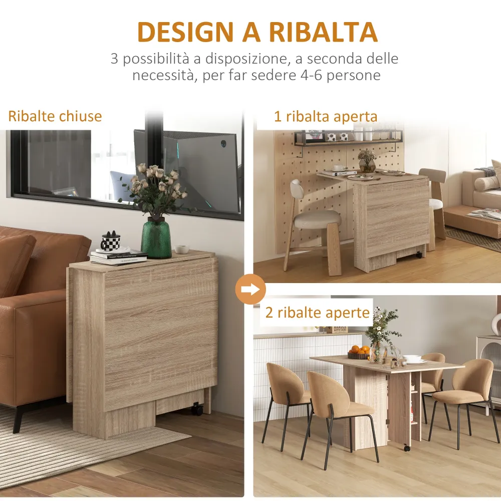 EasyComfort Tavolo Pieghevole con 2 Ribalte per 6 Persone con Ripiani e Rotelle Integrate, Legno Naturale