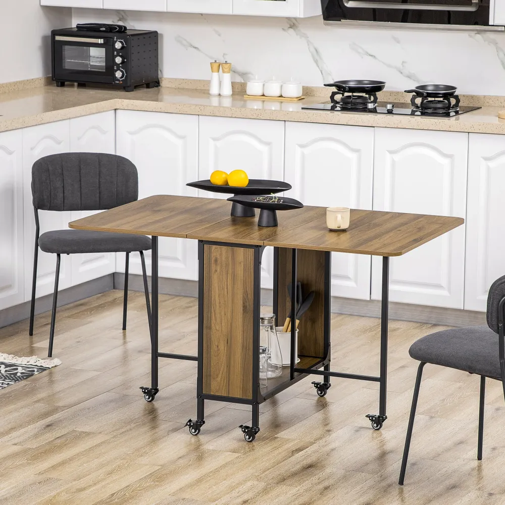 Easycomfort Tavolo Pieghevole con 6 Ruote e Mensola Stile Industriale Legno e Metallo, Marrone Chiaro