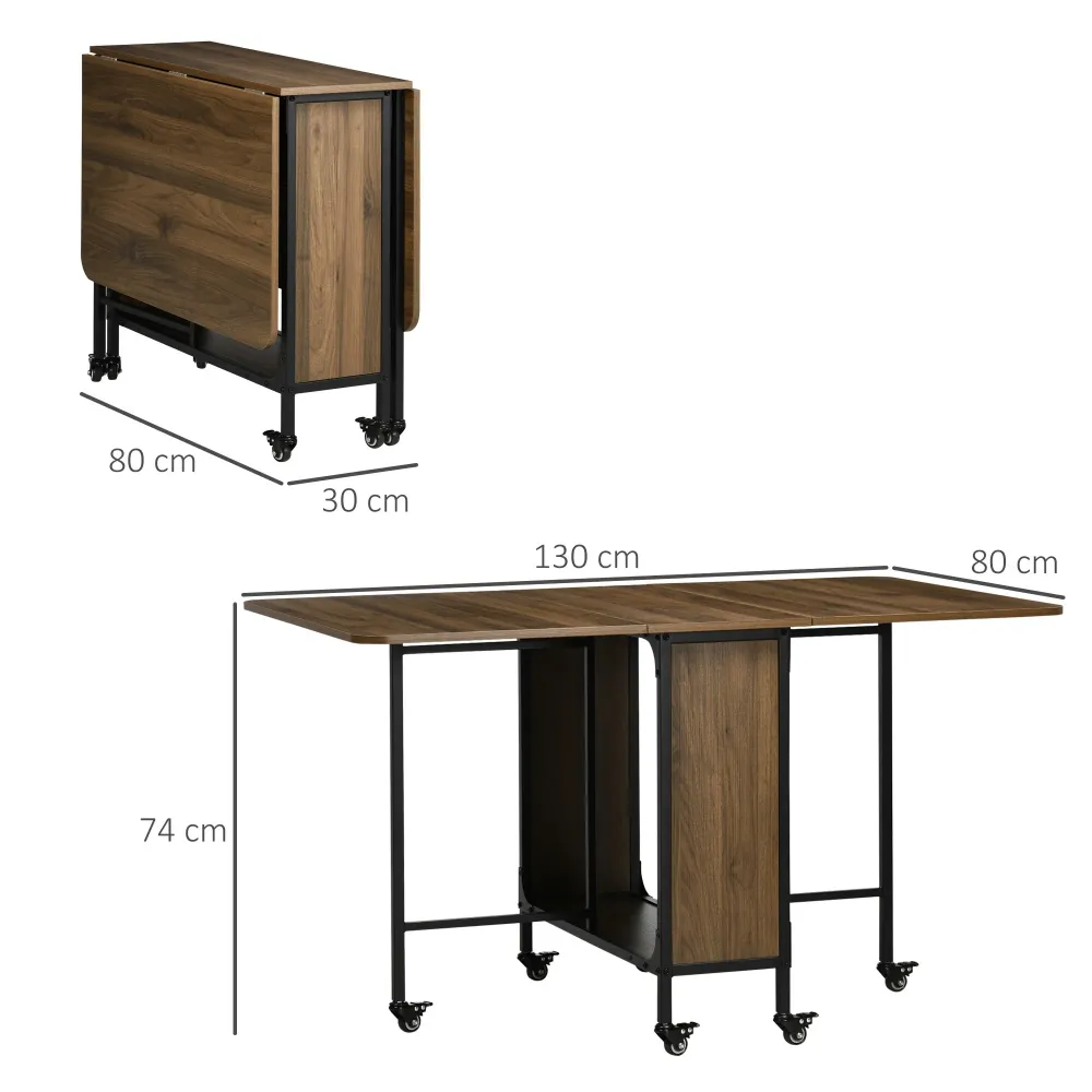Easycomfort Tavolo Pieghevole con 6 Ruote e Mensola Stile Industriale Legno e Metallo, Marrone Chiaro