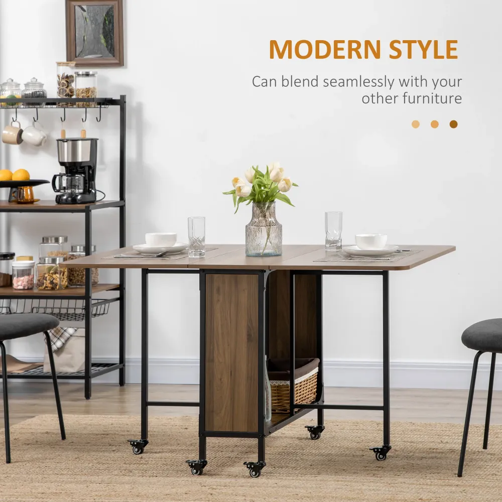 Easycomfort Tavolo Pieghevole con 6 Ruote e Mensola Stile Industriale Legno e Metallo, Marrone Chiaro