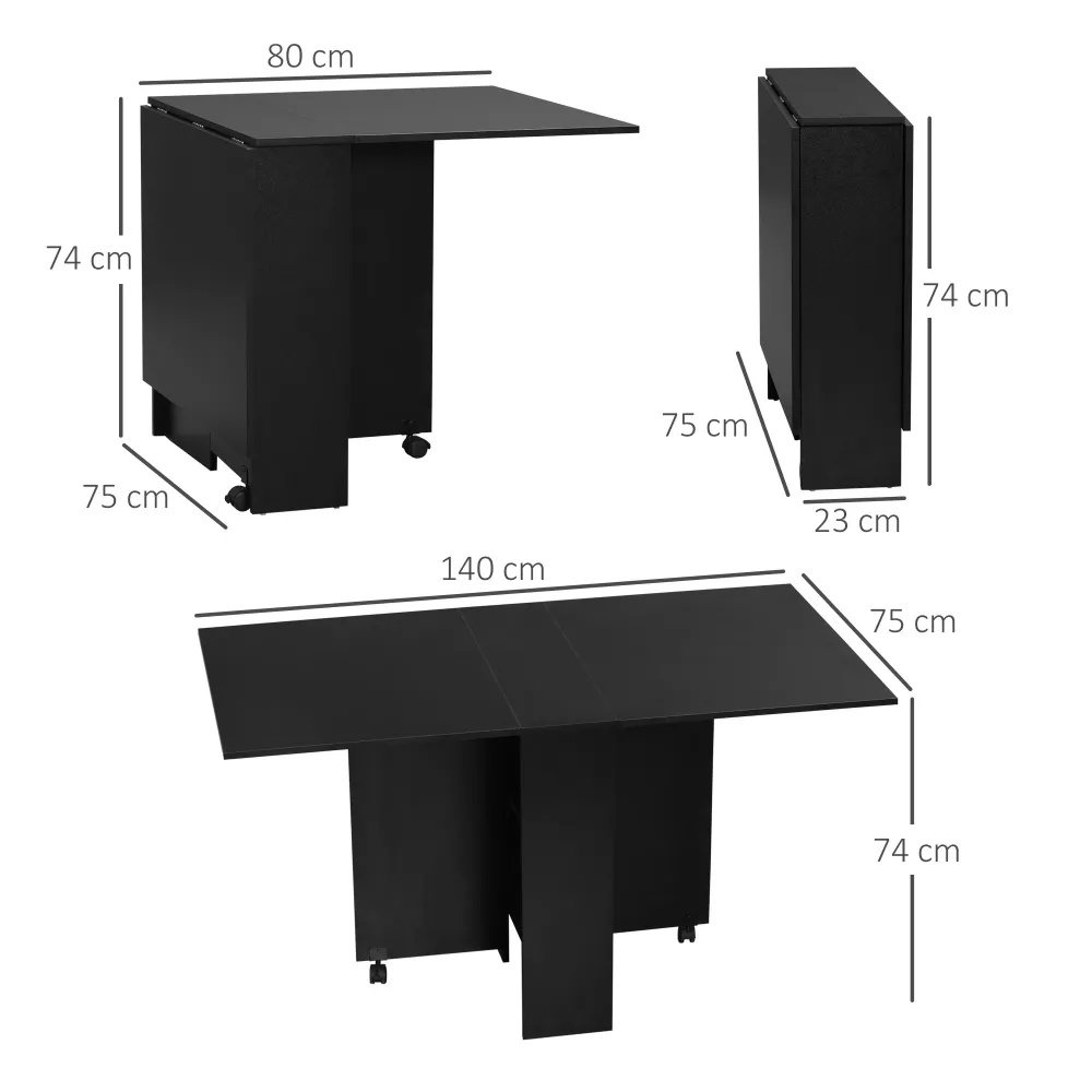 Easycomfort Tavolo Pieghevole Legno per 4-6 Persone con Ruote, 75x140x74cm, Nero