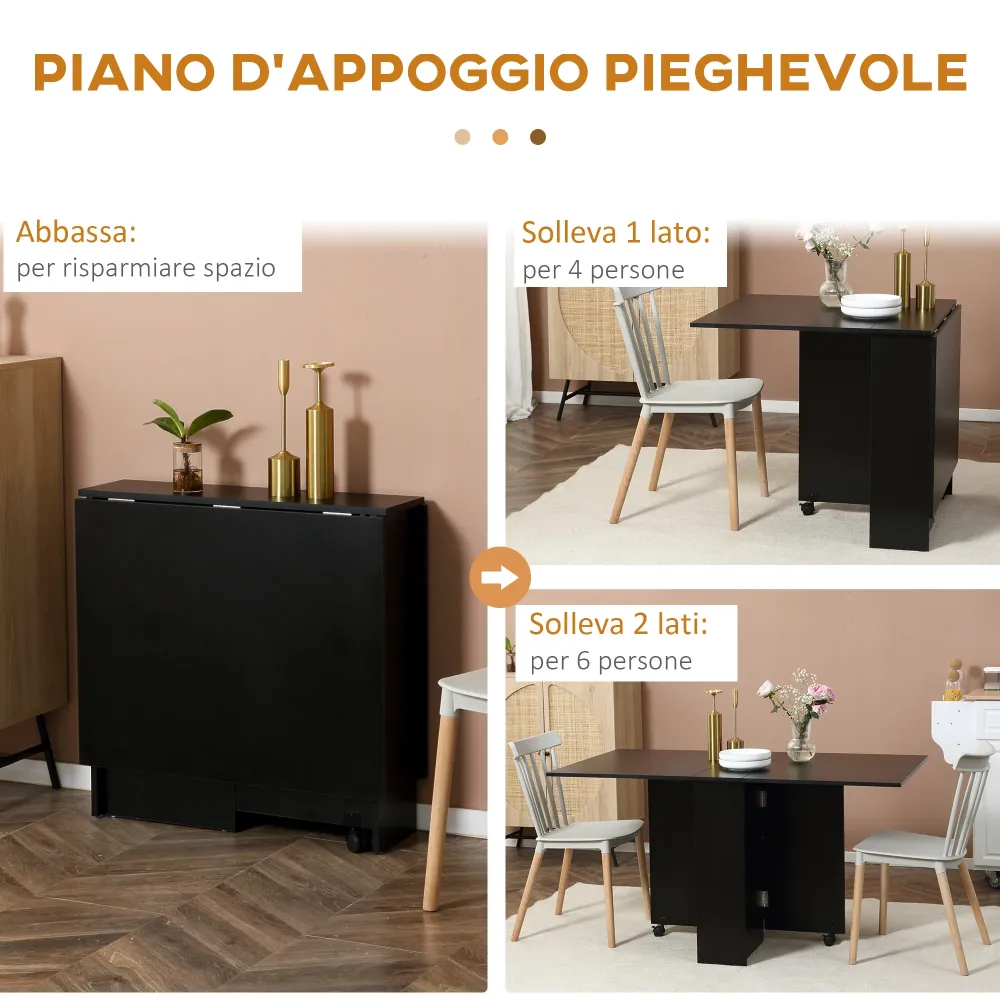 Easycomfort Tavolo Pieghevole Legno per 4-6 Persone con Ruote, 75x140x74cm, Nero