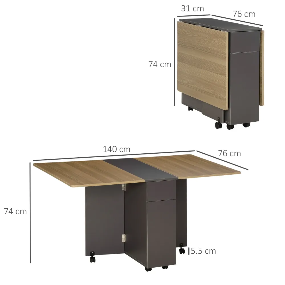 Easycomfort Tavolo Pieghevole da Pranzo Truciolato con 2 Cassetti, 1 Armadietto, max. 6 Persone, 140x76x76 cm