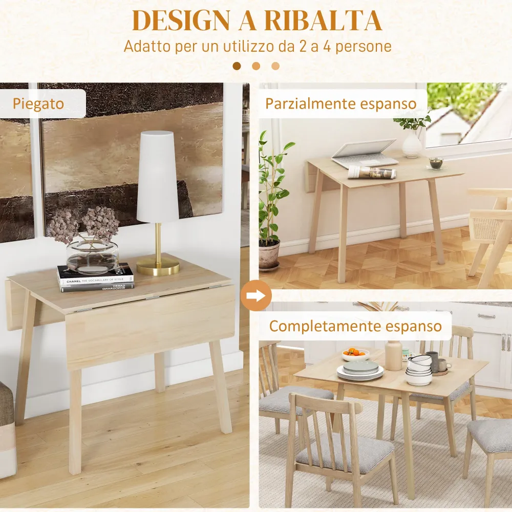 EasyComfort Tavolo Pieghevole Salvaspazio 2 Ribalte per 2-4 Persone Legno di Pino, Colore Legno Naturale