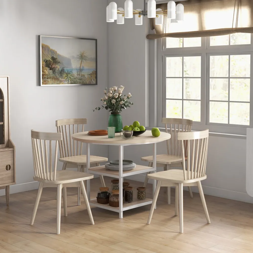 EasyComfort Tavolo da Pranzo per 4-6 Persone con 2 Ripiani Integrati, Acciaio e MDF, Ø100x76 cm, Bianco e Rovere