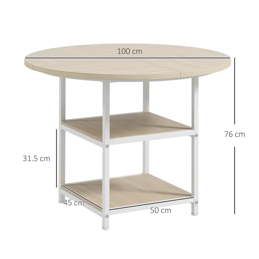 EasyComfort Tavolo da Pranzo per 4-6 Persone con 2 Ripiani Integrati, Acciaio e MDF, Ø100x76 cm, Bianco e Rovere