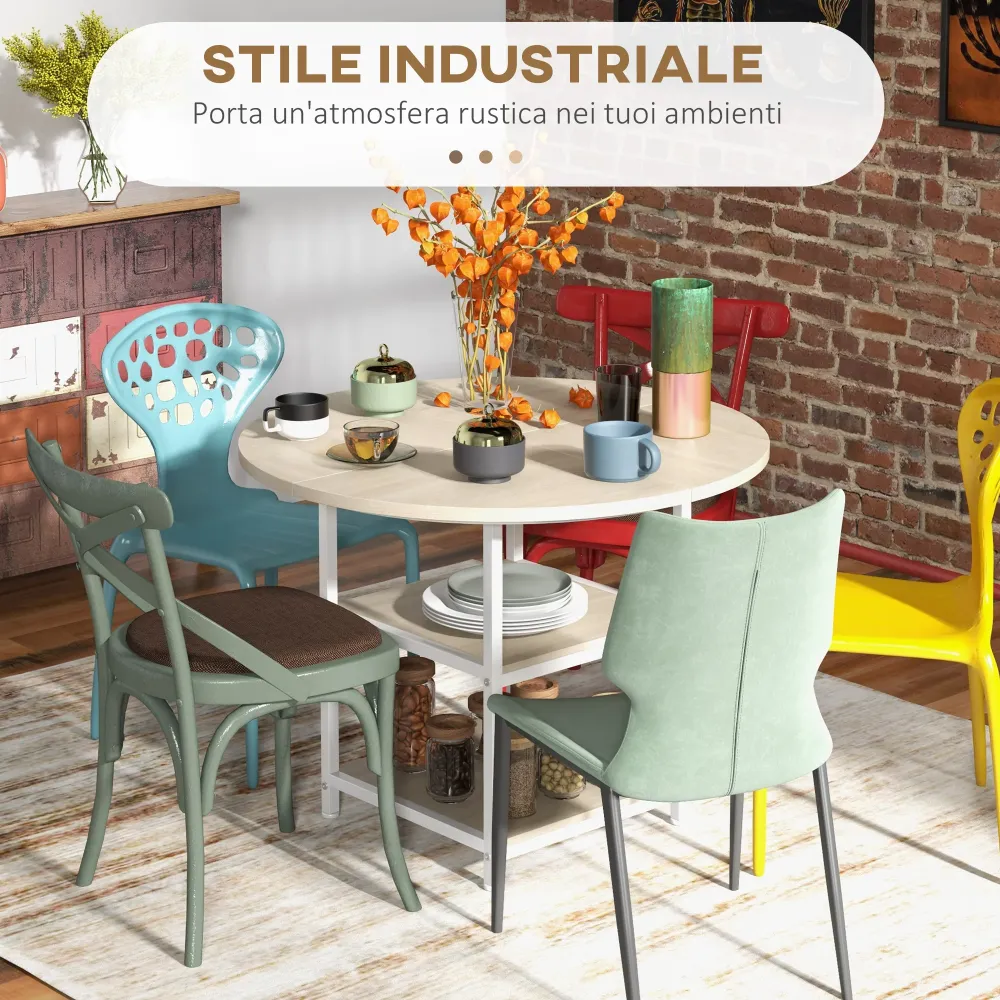 EasyComfort Tavolo da Pranzo per 4-6 Persone con 2 Ripiani Integrati, Acciaio e MDF, Ø100x76 cm, Bianco e Rovere