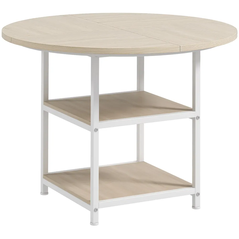 EasyComfort Tavolo da Pranzo per 4-6 Persone con 2 Ripiani Integrati, Acciaio e MDF, Ø100x76 cm, Bianco e Rovere