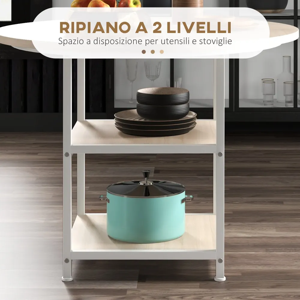 EasyComfort Tavolo da Pranzo per 4-6 Persone con 2 Ripiani Integrati, Acciaio e MDF, Ø100x76 cm, Bianco e Rovere
