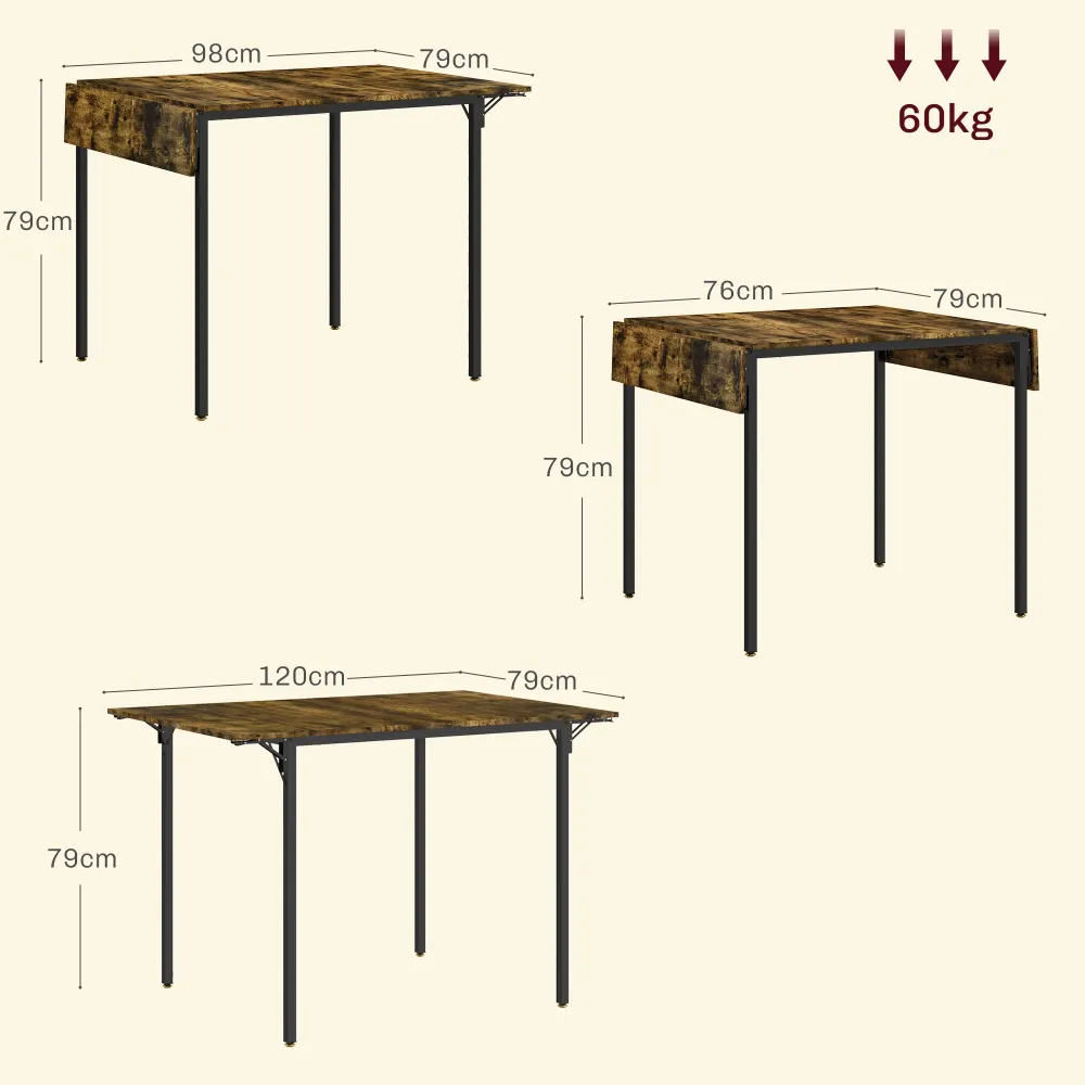 EasyComfort Tavolo da Pranzo Ribalta stile Industriale per 2-4 Persone Legno e Metallo, 120x79x79 cm, Marrone Rustico