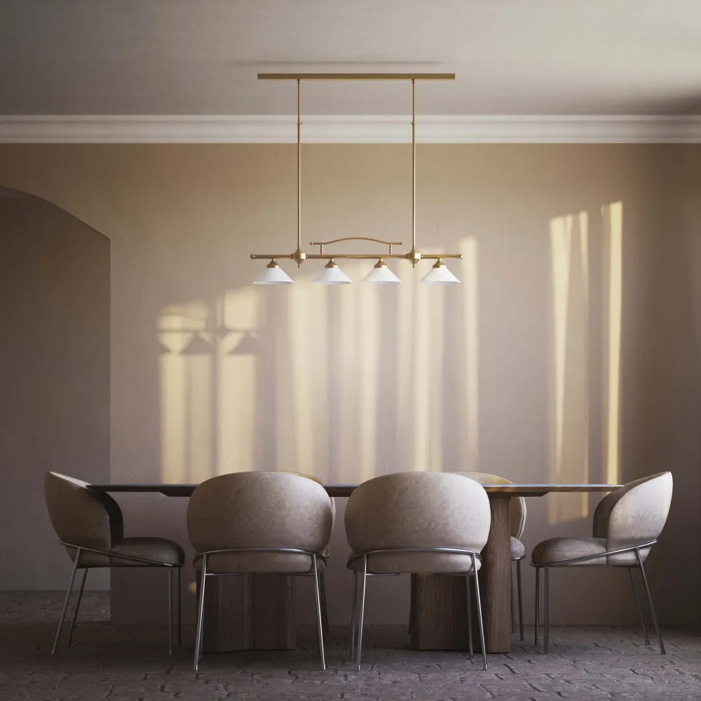 Lampadario Lineare 4 Luci Ottone e Vetro Bianco Sofia Ghidini 1849