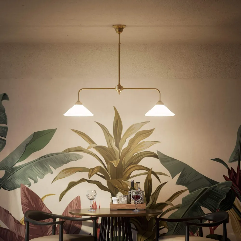 Lampadario Ottone Con Due Paralumi Conici Ghidini 1849