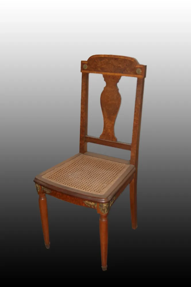 Gruppo si 6 sedie francesi stile Impero del 1800 con ricchi bronzi e radica