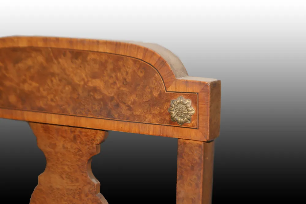 Gruppo si 6 sedie francesi stile Impero del 1800 con ricchi bronzi e radica