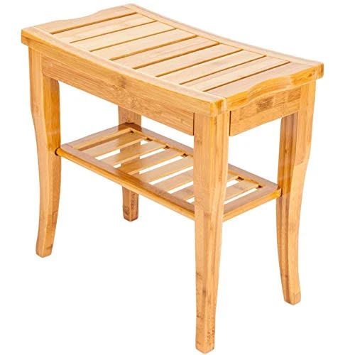 HJHY@ Sgabello da Doccia bambù con ripiano portaoggetti Sedile da Bagno Legno massello Sedia Spa Panchina Casa Colore Bamb...