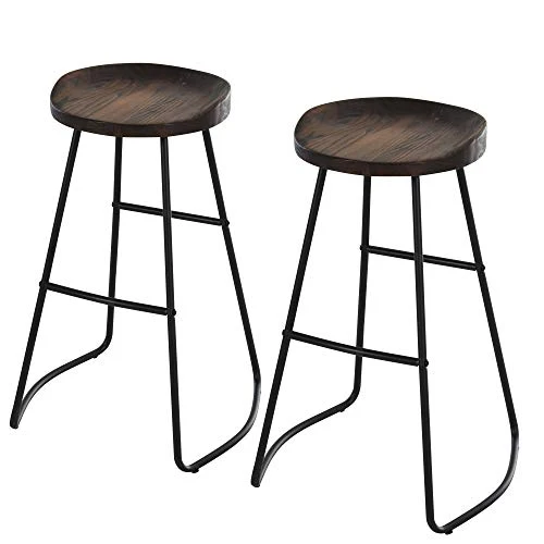 homcom Set 2 Sgabelli Alti da Bar Stile Industriale con Telaio Acciaio Nero e Seduta Rotonda Legno 49.5x44x71cm